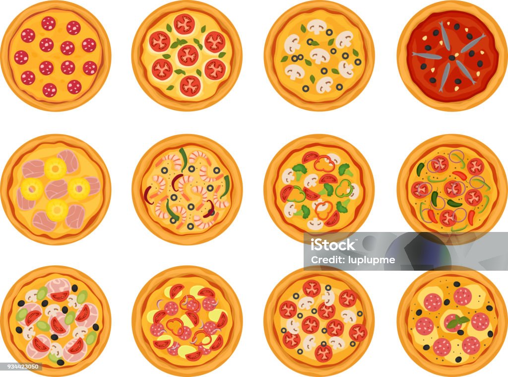 Pizza vector cibo italiano con formaggio e pomodoro in pizzeria o pizzeria set di illustrazioni di torta al forno in Italia isolato su sfondo bianco - arte vettoriale royalty-free di Pizza