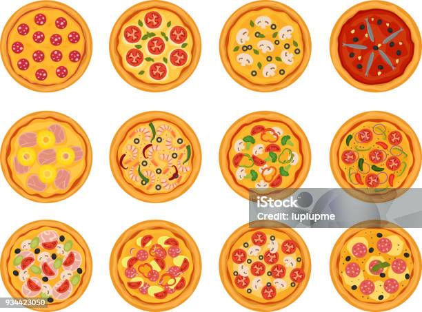 Pizza Vector Italian Food With Cheese And Tomato In Pizzeria Or Pizzahouse Illustration Set Of Baked Pie In Italy Isolated On White Background Stock Illustration - Download Image Now