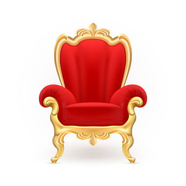 Vector realistic royal throne, luxurious red chair Vector realistic royal throne, luxurious red chair with carved golden legs isolated on background. Gilded antique armchair in victorian style. Object of expensive, exclusive furniture for vip person throne stock illustrations