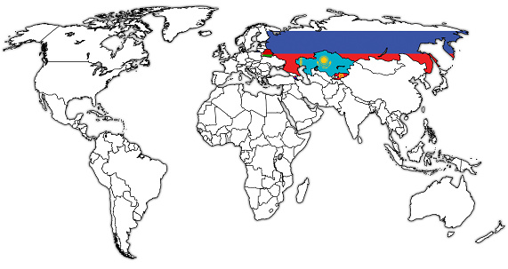 Eurasian Economic Union member countries flags on world map with national borders