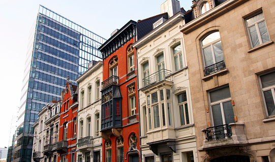 Gothic architecture residential building facades in Barcelona, Spain