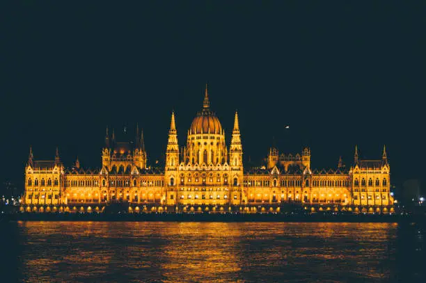 The beautiful Budapest parliament building at night with reflections