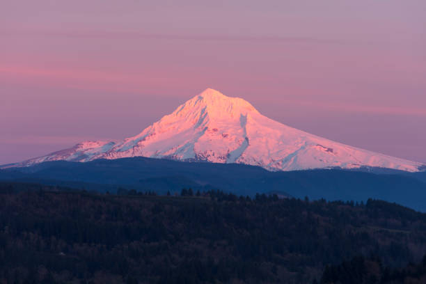 mt hood tramonto invernale. - cascade range mountain alpenglow winter foto e immagini stock
