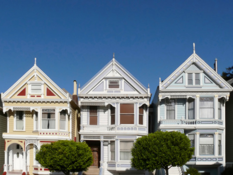 The Painted Ladies; wooden houses in Victorian style on the outskirts near Alamo Square called the Seven Sisters Houses - San Francisco - California - USA