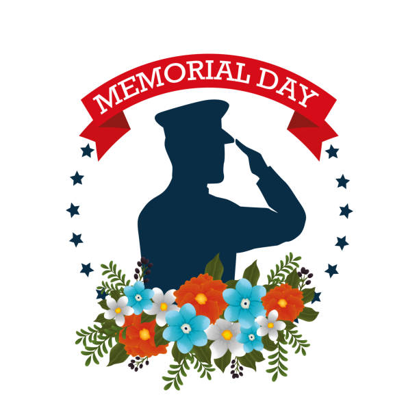 happy memorial day with beautiful flowers and soldier silhouette happy memorial day with beautiful flowers and soldier silhouette vector illustration memorial day art stock illustrations