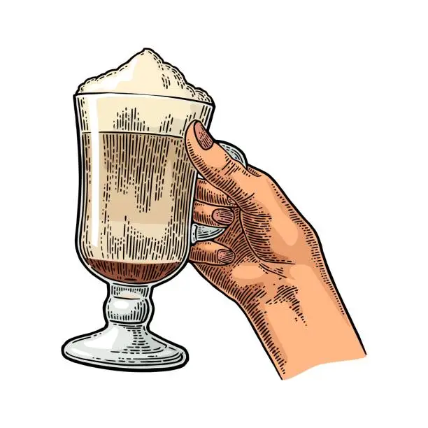 Vector illustration of Glass of Latte macchiato coffee with whipped cream.