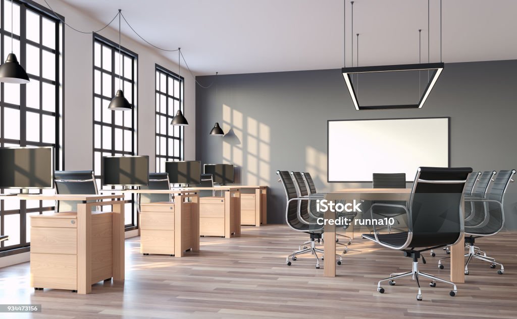 Modern loft style office with gray wall 3d render Modern loft style office with gray wall 3d render,The rooms have wooden floors and gray walls.Furnished with wood table and black leather chair. There are black window overlooking to outside. Office Stock Photo