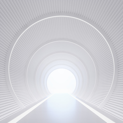 Modern white interior with tunnel space 3d rendering image.White curved corridor There is light at the destination.