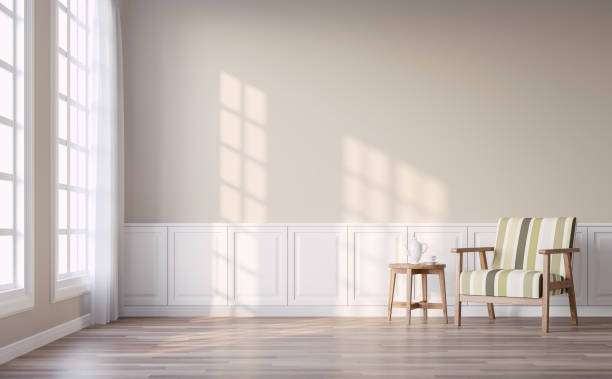 Modern vintage living room with light brown wall 3d render Modern vintage living room with light brown wall 3d render.The Rooms have wooden floors and light brown walls.Furnished with fabric and wood furniture. There are white window overlooking to outside. room stock pictures, royalty-free photos & images