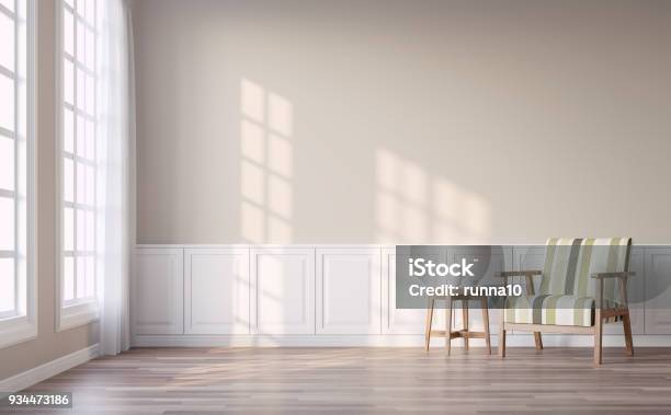 Modern Vintage Living Room With Light Brown Wall 3d Render Stock Photo - Download Image Now
