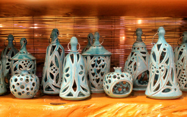 Traditional handmade blue painted ceramic souvenirs, Greece
