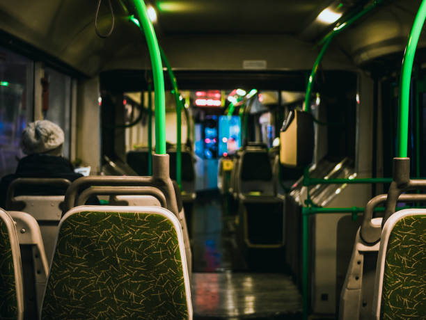 night view in the bus interior modern - bus transportation indoors people imagens e fotografias de stock