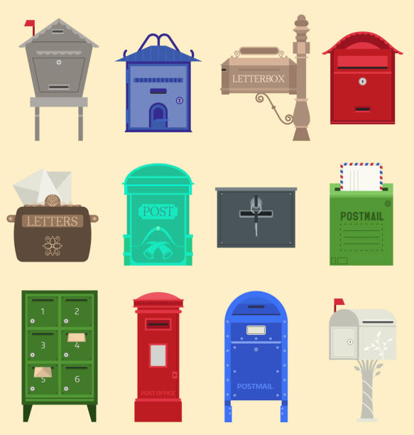 illustrations, cliparts, dessins animés et icônes de boîtes aux lettres avec indicateur de sémaphore vector illustration. boîte aux lettres post affranchissement vide traditionnelles de communication. un message lettre post correspondance de service boîte mail - single object paper box tray