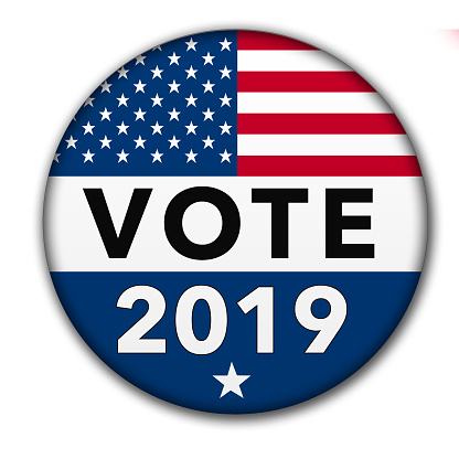 A vote button for the 2019 election season with the USA flag and drop shadow. Image is with a clipping path of the button.