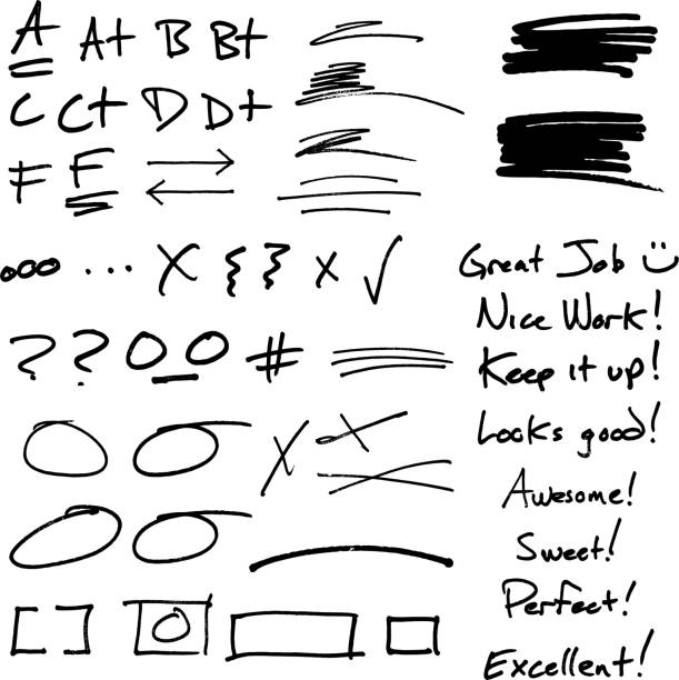 Teacher's Handwritten Notes And Grades A collection of notes, grades, and proofreading marks from a teacher's grading of a paper. Great for adding a personal touch. proof reading documents stock illustrations