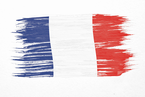 Art brush watercolor painting of France flag blown in the wind isolated on white background.