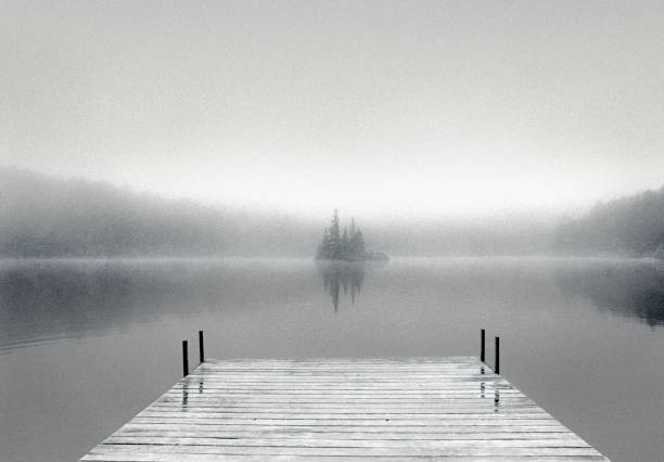 Old wooden footbridge leads into a quiet forest lake in the fog