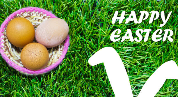istock Easter eggs in nest on grass with bunny ears. 934561692