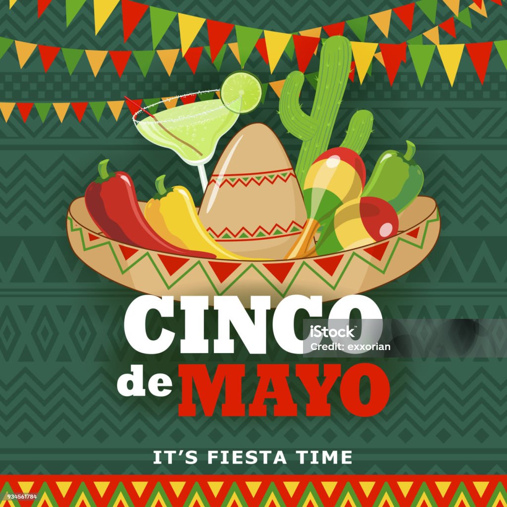 Cinco De Mayo Fiesta Celebrate Cinco De Mayo with banner, Mexican hat, drink, cactus, maracas, peppers on the green folk art pattern for the fiesta Mexican Culture stock vector