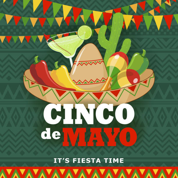 Celebrate Cinco De Mayo with banner, Mexican hat, drink, cactus, maracas, peppers on the green folk art pattern for the fiesta
