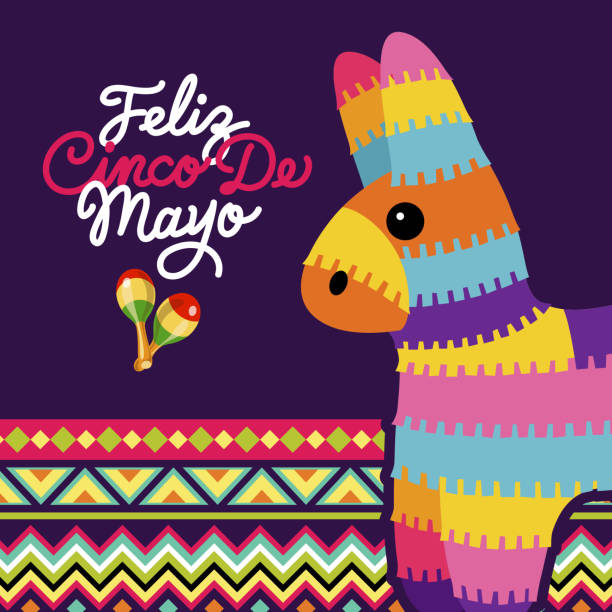 Cinco De Mayo Mexican Pinata Celebrate Cinco De Mayo with Mexican pinata and maracas on the colorful folk art pattern american tribal culture stock illustrations