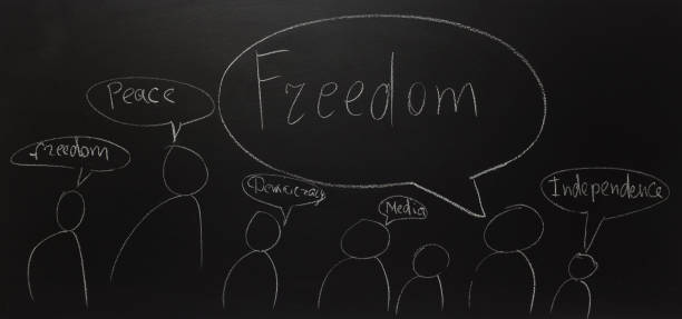 istock freedom written on white chalk on blackboard. 934562588