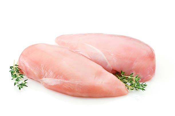 two raw chicken breast on white backdrop - hönsfågel bildbanksfoton och bilder