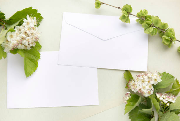 istock Craft paper sheets and white envelope. Blank card with spring green leaves and white flowers. Mockup design. Top view with copy space. 934566716