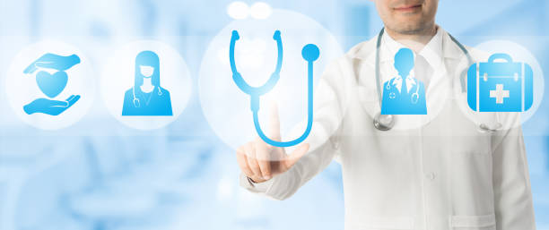 istock Doctor points at stethoscope with medical icons. 934566728