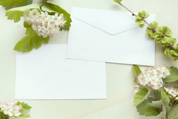 istock Craft paper sheets and white envelope. Blank card with spring green leaves and white flowers. Mockup design. Top view with copy space. 934566770