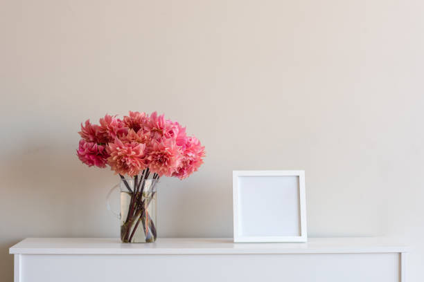 coral pink dahlien mit leeren quadratischen rahmen - vase fotos stock-fotos und bilder