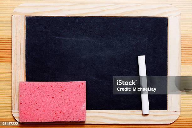 Black Board With Chalk And Sponge Stock Photo - Download Image Now - Bath Sponge, Black Color, Blank