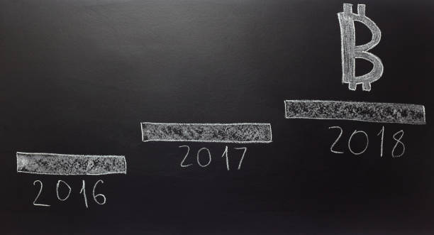 istock drawn steps with bitcoin symbol years 2016 2017 2018 on blackboard. 934576842
