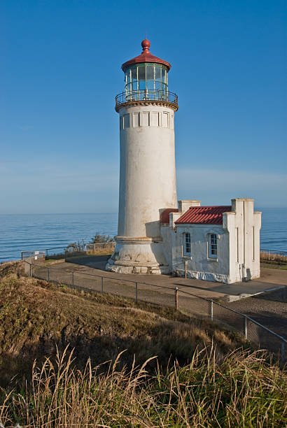 North Head Lighthouse Overlooking the Pacific Ocean With the advent of radar, GPS and other advanced navigation tools, lighthouses no longer need to perform the same function they once did; guiding ships to safety. Instead they have been preserved as historic monuments; reminding us of a time when shipping and sailing were more perilous activities. The North Head Lighthouse is located at Cape Disappointment State Park near Ilwaco, Washington State, USA. jeff goulden pacific ocean stock pictures, royalty-free photos & images