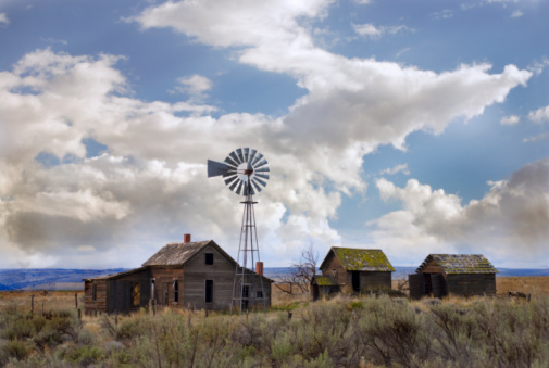 Rows of abandoned homes and buildings in Bannack Ghost Town, Montana