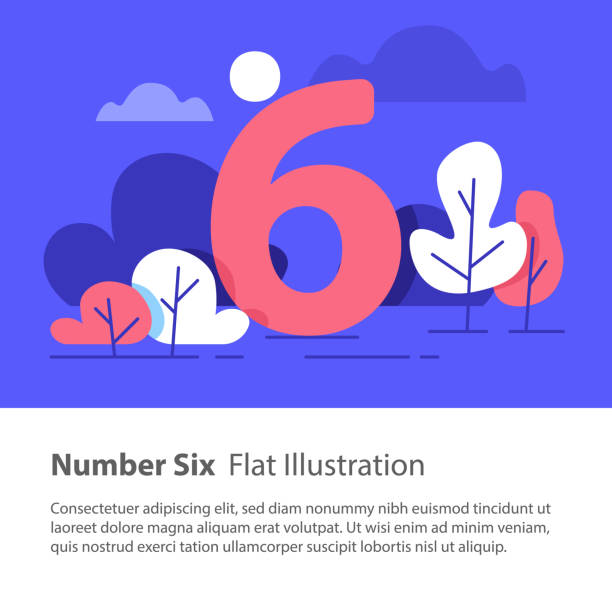 Sequential number, number six, top chart concept, night sky, flat illustration Number six, top chart concept, sequential number, night sky, park trees, vector flat design, minimalist illustration day 6 stock illustrations