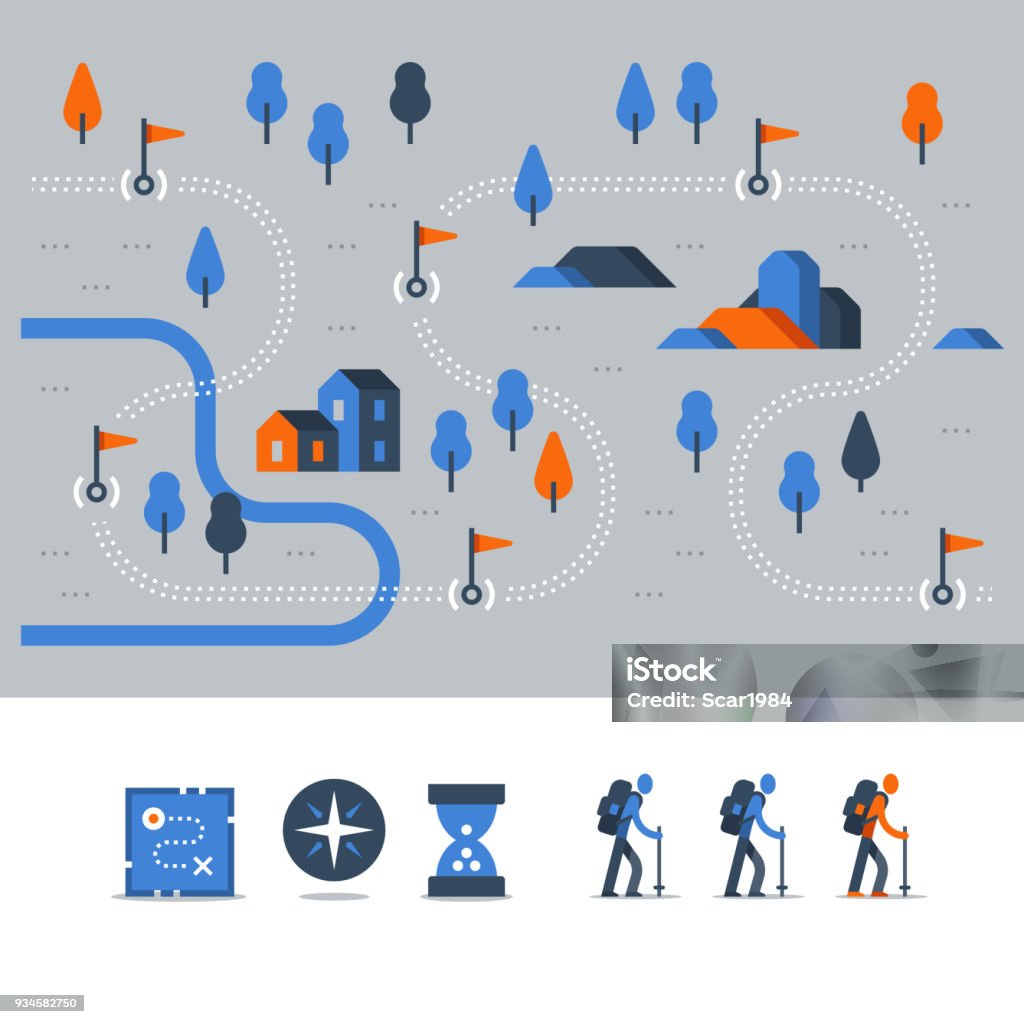 Outdoor trail, hiking map, countryside landscape, Nordic walking, orienteering concept, trail path with flags, vector icons Hiking map, outdoor trail, countryside landscape, Nordic walking, orienteering concept, trail path with flags, nature park, vector icons, flat illustration Footpath stock vector