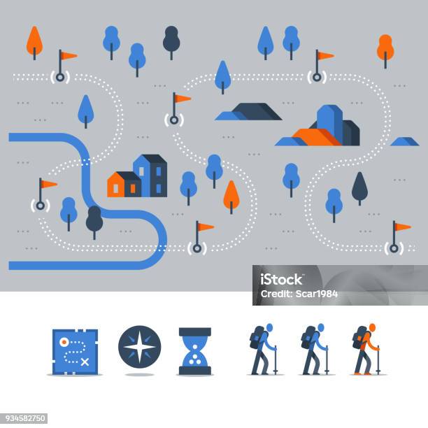 Outdoor Trail Hiking Map Countryside Landscape Nordic Walking Orienteering Concept Trail Path With Flags Vector Icons Stock Illustration - Download Image Now