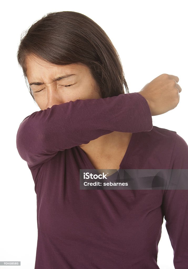 Tosse donna in gomito - Foto stock royalty-free di Tossire e starnutire nella piega del gomito
