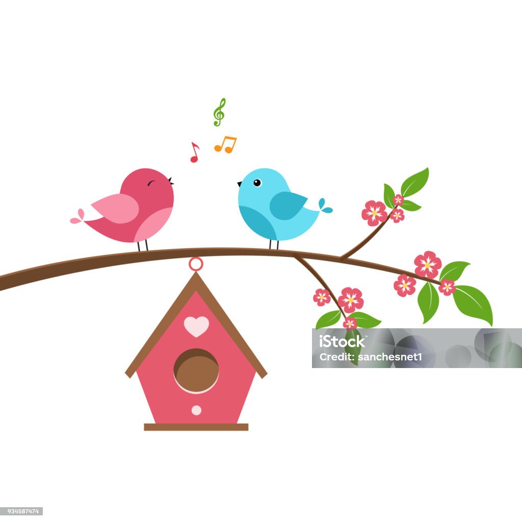 Singing bird Singing bird on branch. Spring scene with flowers, trees and a birdhouse. Vector illustration on white background. Birdhouse stock vector