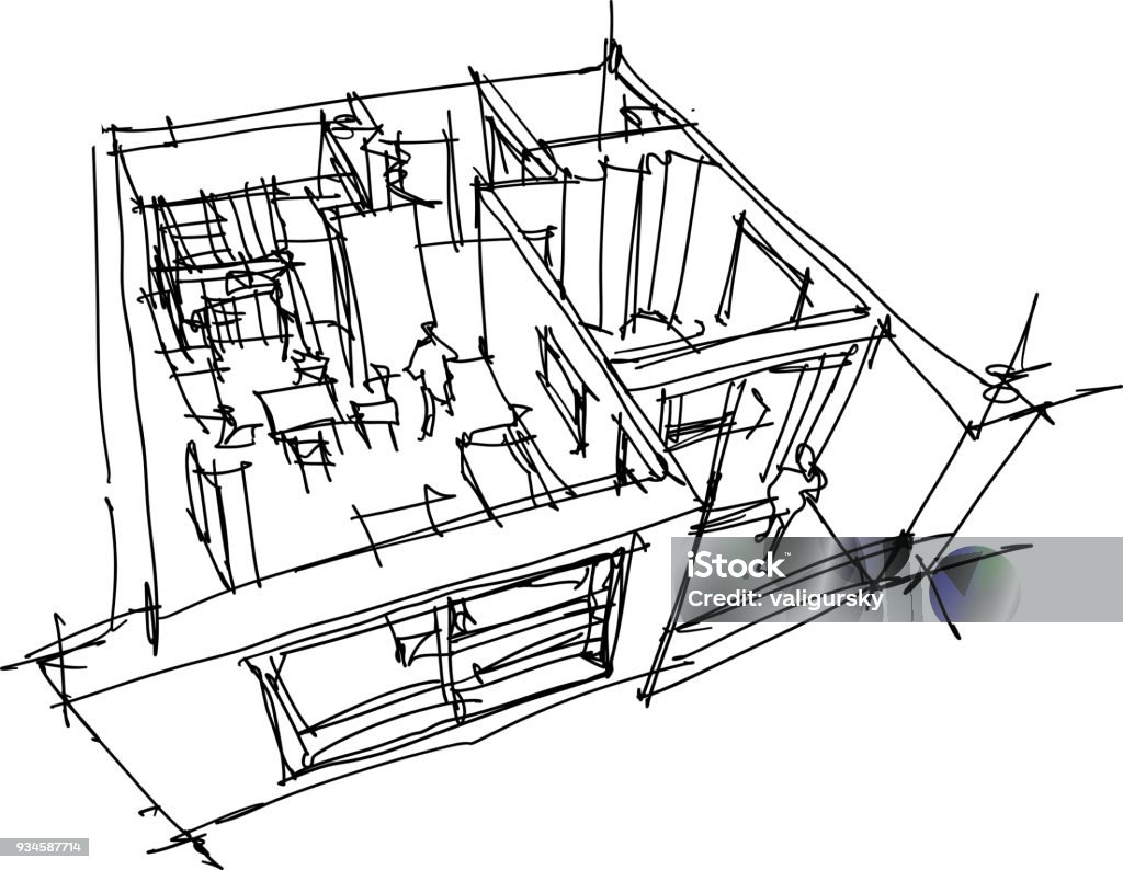 hand drawn sketch of apartment hand drawn sketch of Perspective cut away diagram of a one bedroom apartment completely furnished Architecture stock vector