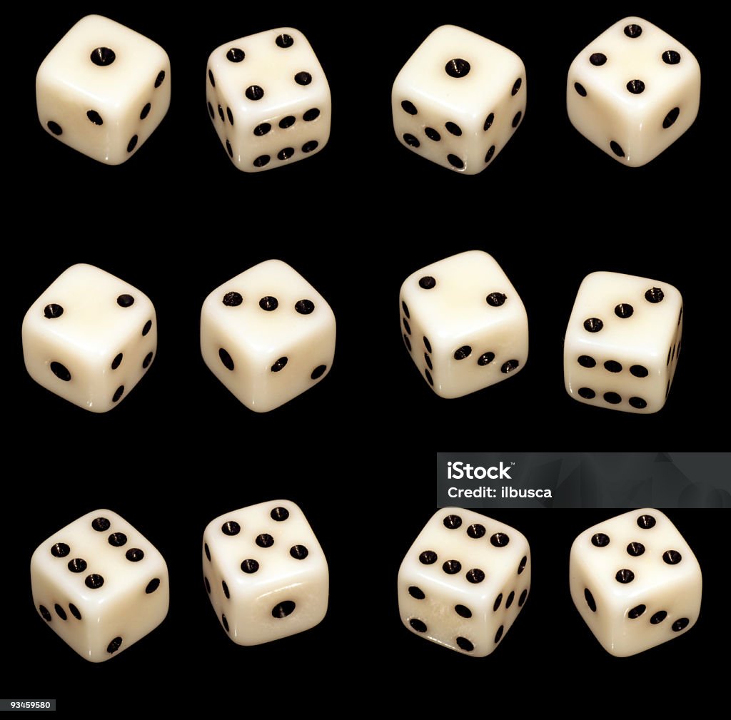 Several dice combinations and orientations on black Dice Stock Photo