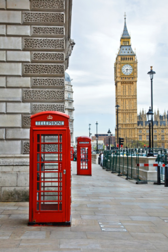 UK London red mailbox postbox on Westminster Big Ben Telephone box and red bus England symbol photomount