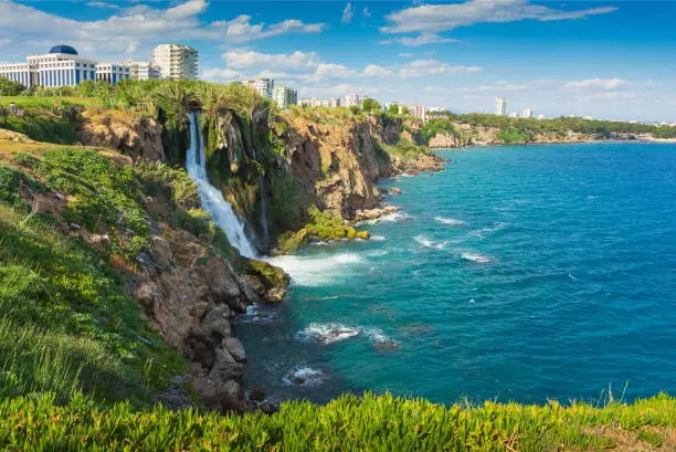 Turkey, Antalya on May 23, 2017. Lower Duden waterfall on the Mediterranean coast, 8 km from the center of Antalya towards Lara beach