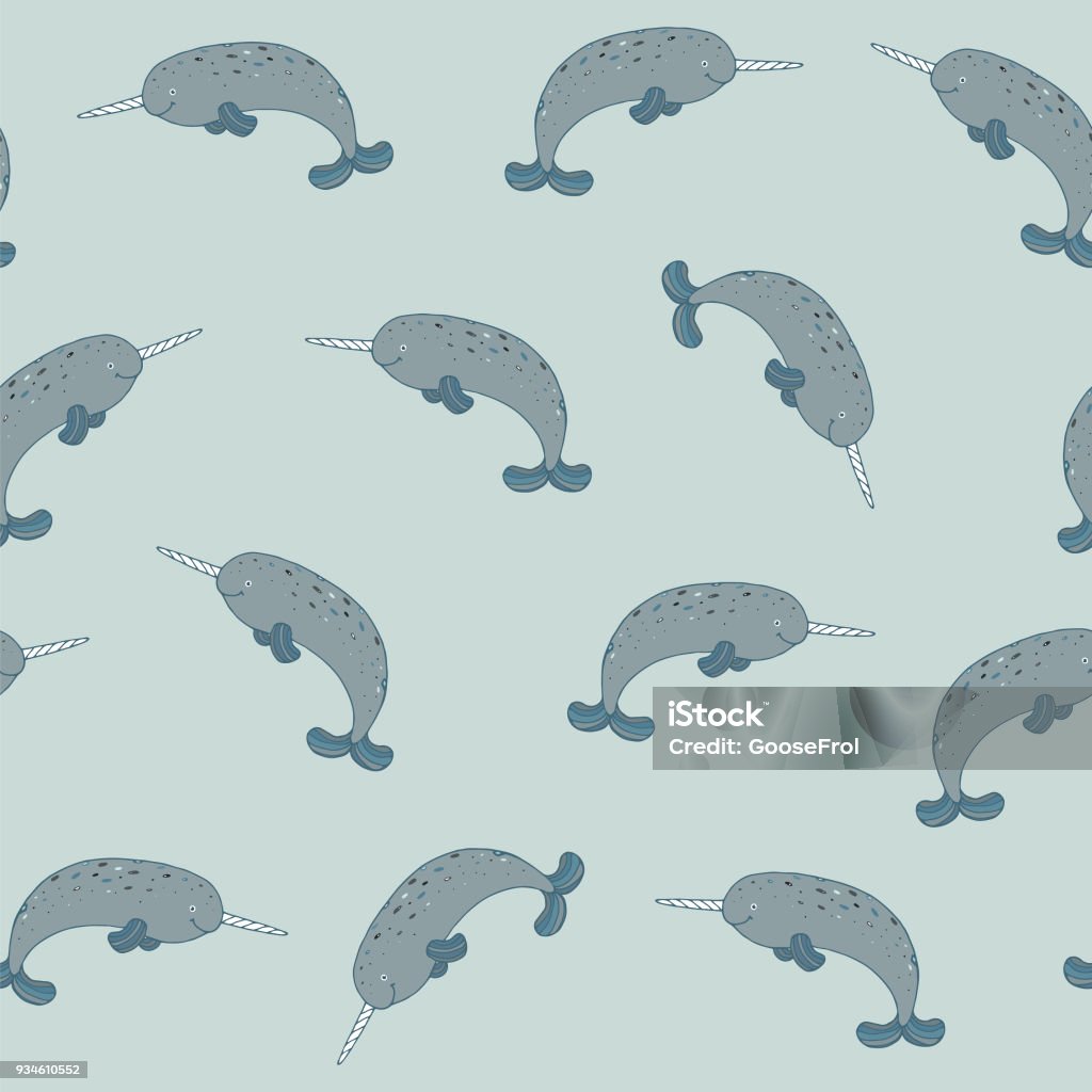 narwhal animal seamless doodle pattern narwhal animal seamless doodle hand drawn pattern Narwhal stock vector