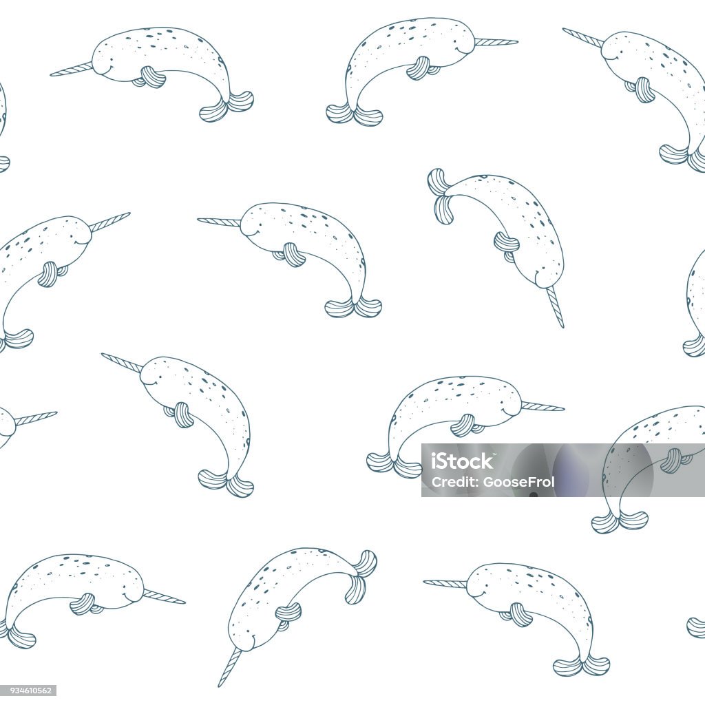 narwhal animal seamless doodle pattern narwhal animal seamless doodle hand drawn pattern Animal stock vector