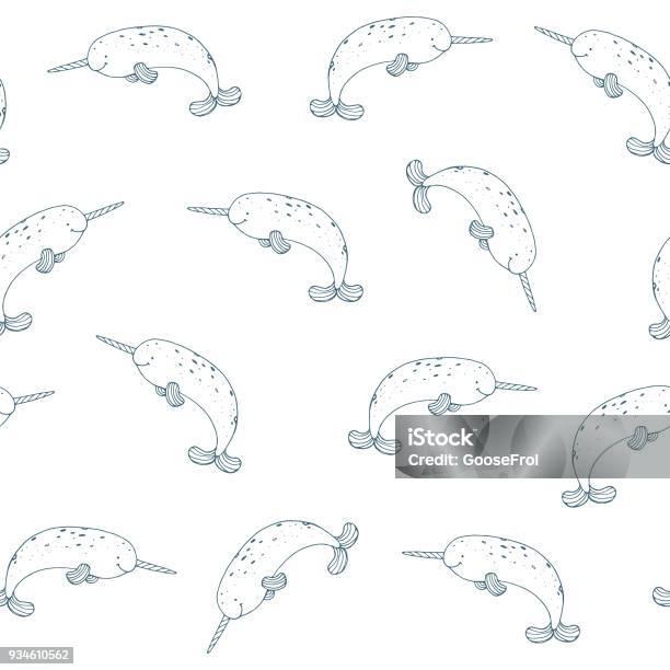 Narwhal Animal Seamless Doodle Pattern Stock Illustration - Download Image Now - Animal, Animal Wildlife, Backgrounds