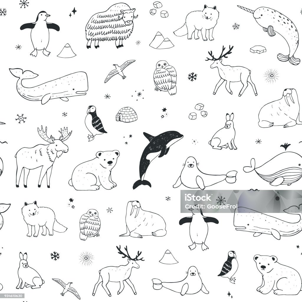 北極と南極の極落書き漫画動物のシームレス パターン - いたずら書きのロイヤリティフリーベクトルアート