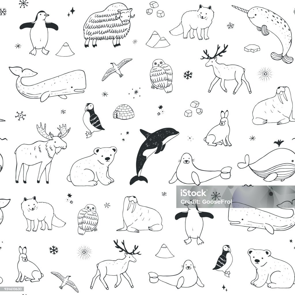 Arctic and antarctic polar doodle cartoon animals seamless pattern Arctic and antarctic polar doodle cartoon animals illustrations hand drawn seamless pattern Doodle stock vector