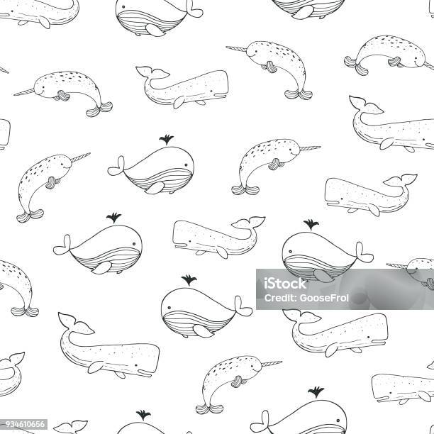 Sea Life North Animals Doodle Seamless Pattern Stock Illustration - Download Image Now - Line Art, Whale, Animal